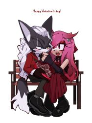 Rule 34 | 1boy, 1girl, alternate costume, animal ears, artistia the hedgehog, bench, black footwear, black fur, black gloves, black necktie, black pants, blue eyes, blush, boots, box, box of chocolates, chocolate, collared shirt, dress, english text, fingerless gloves, food, full body, furry, furry female, furry male, gloves, happy valentine, heart-shaped box, heterochromia, highres, holding, holding chocolate, holding food, infinite (sonic), jacket, kumo zd, long hair, looking at another, necktie, open mouth, original, pants, park bench, pink hair, red dress, red eyes, red jacket, shirt, shoes, simple background, sitting, sleeveless, sleeveless dress, sonic (series), tail, white background, white hair, white shirt, yellow eyes