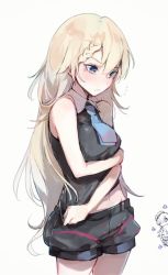 Rule 34 | 1girl, 3girls, alternate costume, arm across waist, baggy shorts, bare arms, bare shoulders, black shirt, blonde hair, blouse, blue eyes, blue neckwear, blush, braid, braided bangs, breasts, collar, commentary request, cowboy shot, embarrassed, flying sweatdrops, g36 (girls&#039; frontline), g36c (girls&#039; frontline), girls&#039; frontline, imoko (imonatsuki), long hair, looking down, medium breasts, messy hair, midriff, multiple girls, navel, necktie, shirt, short shorts, shorts, simple background, sleeveless, sleeveless shirt, solo focus, stomach, thighs, very long hair, white background, xm8 (girls&#039; frontline)
