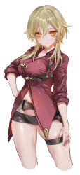 Rule 34 | 1girl, absurdres, alternate costume, blonde hair, blush, borrowed clothes, breasts, chest strap, cleavage, closed mouth, collared shirt, cropped legs, genshin impact, hair between eyes, hand on own hip, highres, large breasts, long sleeves, looking at viewer, lumine (genshin impact), pottsness, red shirt, shirt, short hair with long locks, sidelocks, simple background, skindentation, thigh strap, thighs, white background, yellow eyes