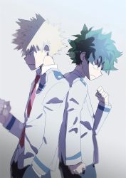 Rule 34 | 2boys, angry, back-to-back, bakugou katsuki, bikkusama, black legwear, black pants, blonde hair, blouse, boku no hero academia, clenched hand, clenched hands, clenched teeth, closed mouth, curly hair, freckles, green eyes, green hair, grey jacket, jacket, long sleeves, looking down, looking to the side, male focus, midoriya izuku, multiple boys, necktie, open mouth, pale skin, pants, red eyes, red neckwear, scowl, serious, shirt, short hair, sketch, sleeves past elbows, spiked hair, teeth, white background, white shirt