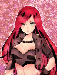 Rule 34 | 1girl, aa2233a, breasts, cleavage, collar, green eyes, hand on own hip, jacket, katarina (league of legends), league of legends, long hair, navel, red hair, scar, solo, very long hair