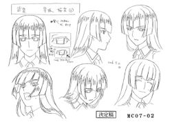 Rule 34 | 00s, 1girl, ^ ^, busou renkin, character sheet, closed eyes, hayasaka ouka, lineart, lowres, monochrome, multiple views, simple background, sketch, tagme, white background