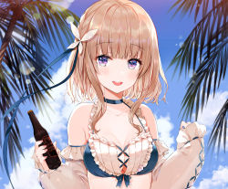 Rule 34 | 1girl, :d, bare shoulders, bikini, blue bikini, blue choker, blue ribbon, blush, bottle, breasts, brown hair, butterfly hair ornament, choker, cleavage, collarbone, commentary request, day, detached sleeves, frilled bikini, frills, hair ornament, hair ribbon, hands up, highres, holding, holding bottle, long hair, long sleeves, looking at viewer, medium breasts, open mouth, original, outdoors, puffy long sleeves, puffy sleeves, purple eyes, ribbon, round teeth, sleeves past wrists, smile, solo, swimsuit, teeth, upper body, upper teeth only, white sleeves, yadapot
