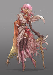 Rule 34 | 1girl, bad proportions, belt, bracelet, breasts, brown thighhighs, cane, cape, dark skin, elbow gloves, gloves, grey background, hand on own hip, highres, holding, holding cane, jewelry, medium hair, original, pink footwear, pink hair, plant hair, simple background, single glove, small breasts, smile, thighhighs, towa-darkmistic, white cape, yellow eyes