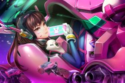 Rule 34 | 1girl, bloodink, bodysuit, bracer, breasts, brown eyes, brown hair, clothes writing, d.va (overwatch), dutch angle, facial mark, game console, glint, gloves, handheld game console, headphones, holding, lens flare, light particles, long hair, long sleeves, looking at viewer, mecha, meka (overwatch), overwatch, overwatch 1, parted lips, pilot suit, playing games, playstation vita, robot, sitting, solo, transparent, whisker markings, white gloves