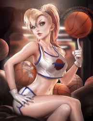 Rule 34 | 1girl, ball, basketball, basketball uniform, blonde hair, breasts, crop top, crop top overhang, crossed legs, ear piercing, earrings, eyelashes, eyeliner, eyeshadow, female focus, fringe trim, gloves, hand on own hip, holding, holding ball, humanization, jewelry, large breasts, lips, lola bunny, long hair, looney tunes, makeup, midriff, navel, nose, parted lips, personification, piercing, ponytail, sakimichan, scrunchie, shiny skin, short shorts, shorts, sitting, solo, space jam, sportswear, thick lips, toned, watermark, web address, white gloves