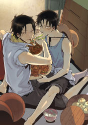 Rule 34 | 2boys, ball, bamboo steamer, baozi, basketball, basketball (object), black eyes, black hair, blue eyes, bowl, brothers, chopsticks, collarbone, dumpling, eating, egg, food, freckles, hat, unworn hat, unworn headwear, male focus, monkey d. luffy, multiple boys, noodles, one piece, plate, portgas d. ace, rice, rice bowl, scar, shirt, siblings, sitting, sitting on person, sleeves rolled up, socks, stampede string, straw hat, tank top, vaulting horse, white shirt, yaoi, yooani