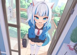 Rule 34 | 1girl, ahoge, alternate costume, animal ears, arms behind back, blue eyes, blue hair, blush, cat ears, commentary, english commentary, fang, fins, fish tail, gawr gura, highres, hololive, hololive english, jacket, leaning forward, looking at viewer, medium hair, multicolored hair, open mouth, pleated skirt, revision, school uniform, serafuku, shark girl, shark tail, sharp teeth, side ponytail, skin fang, skirt, solo, streaked hair, tail, teeth, tenroy, thighhighs, two-tone hair, virtual youtuber, white hair