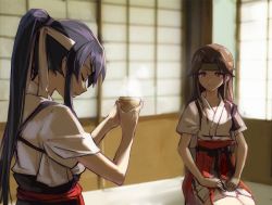 Rule 34 | 10s, 2girls, alternate costume, black hair, brown eyes, brown hair, commentary request, closed eyes, forehead protector, hachimaki, hair intakes, half updo, headband, indoors, japanese clothes, jintsuu (kancolle), kantai collection, kisetsu, long hair, looking at another, multiple girls, ponytail, remodel (kantai collection), seiza, sitting, sliding doors, yahagi (kancolle)