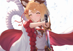Rule 34 | 1girl, animal ears, braid, breasts, brown eyes, brown flower, commentary request, dog ears, erune, flower, granblue fantasy, hair flower, hair ornament, hair ribbon, holding, holding sheath, holding sword, holding weapon, katana, kimblee, light brown hair, long sleeves, looking at viewer, parted lips, red ribbon, ribbon, rope, sheath, shimenawa, simple background, small breasts, solo, sword, thick eyebrows, unsheathing, upper body, vajra (granblue fantasy), water drop, weapon, white background, wide sleeves