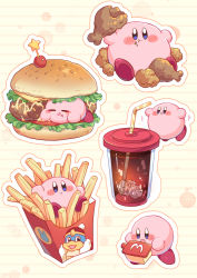 Rule 34 | :q, blue eyes, blush, burger, chicken (food), chinese commentary, closed eyes, commentary request, drinking straw, eating, food, food on face, french fries, fried chicken, holding, ice, ice cube, king dedede, kirby, kirby (series), multiple views, nintendo, no humans, smile, soda, tongue, tongue out, wuxu you de zuobiao
