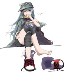 Rule 34 | 1girl, barefoot, black shorts, commentary request, crossed legs, eating, expressionless, food, from below, full body, g11 (girls&#039; frontline), girls&#039; frontline, green jacket, hair between eyes, half-closed eyes, hand on own thigh, hand up, hat, highres, holding, holding food, jacket, knee pads, leg up, long hair, looking at viewer, looking down, messy hair, nyanpu, off-shoulder shirt, off shoulder, orange eyes, shirt, shoes, short shorts, shorts, single bare shoulder, single shoe, sitting, solo, thighs, very long hair, waffle, white hair