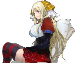 Rule 34 | 1girl, black gloves, blonde hair, blue eyes, breasts, chair, checkered clothes, checkered skirt, corset, elbow gloves, gloves, hair ribbon, large breasts, long hair, original, pillow, puffy sleeves, pupps, ribbon, short sleeves, sitting, skirt, solo, striped clothes, striped thighhighs, thighhighs, veil, very long hair, zettai ryouiki