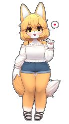 Rule 34 | 1girl, animal ears, blush, bra strap, brown eyes, brown hair, collarbone, fox ears, fox girl, fox tail, full body, furry, furry female, heart, highres, jupiter europe, long sleeves, looking at viewer, off-shoulder shirt, off shoulder, open mouth, original, revision, shirt, short hair, smile, solo, speech bubble, spoken heart, tail, white shirt