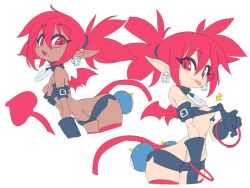 Rule 34 | 1girl, alternate skin color, armlet, arrow (symbol), bandeau, bare shoulders, belt, bikini, bikini top lift, bird, black gloves, black shorts, breasts, clothes lift, collar, commentary, cowboy shot, dark-skinned female, dark skin, demon tail, demon wings, disgaea, earrings, english commentary, etna (disgaea), fang, gloves, groin, hairband, jewelry, lifting own clothes, looking to the side, multiple views, o-ring, o-ring top, open mouth, penguin, pointy ears, red eyes, red hair, red thighhighs, red wings, ryanarmoberly, short shorts, shorts, skull earrings, small breasts, strapless, strapless bikini, swimsuit, tail, tareme, thighhighs, tongue, tongue out, twintails, wings, zettai ryouiki