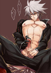 Rule 34 | 1boy, abs, blazblue, clothes pull, cum, drooling, kaneaki mukku, male focus, masturbation, muscular, open clothes, pants, pants pull, pectorals, ragna the bloodedge, saliva, silver hair, solo, spiked hair, sweat, tagme, tears