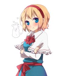 Rule 34 | 1girl, :t, alice margatroid, blonde hair, blue eyes, blush, capelet, crossed arms, female focus, hairband, looking at viewer, pout, short hair, solo, touhou, tsuno no hito, white background