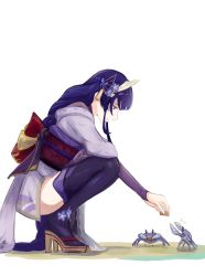 Rule 34 | 1girl, braid, closed mouth, commentary request, crab, feeding, flower, flower anklet, from side, genshin impact, hair flower, hair ornament, high heels, highres, japanese clothes, kimono, long hair, mizuchi (mizuchi7118), obi, purple eyes, purple hair, purple kimono, purple thighhighs, raiden shogun, sandals, sash, simple background, single braid, smile, solo, squatting, thighhighs, very long hair, white background, zettai ryouiki