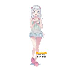 Rule 34 | 1girl, babydoll, blue eyes, blush, bow, character name, clenched hand, copyright name, eromanga sensei, full body, hair bow, izumi sagiri, long hair, looking at viewer, low-tied long hair, pink bow, polka dot babydoll, silver hair, simple background, solo, standing, transparent background, twintails