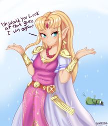Rule 34 | 1boy, 1girl, belt, blonde hair, blue eyes, breasts, cape, circlet, dress, earrings, elf, forehead jewel, hand up, hat, jewelry, link, long hair, looking to the side, lying, necklace, nintendo, pauldrons, pointy ears, princess zelda, shoulder armor, shoulder pads, sidelocks, smug, standing, super smash bros., the legend of zelda, the legend of zelda: a link between worlds, toon link, triangle earrings, triforce, triforce earrings, twintails, vambraces
