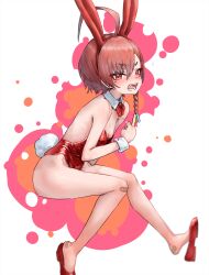 Rule 34 | 1girl, absurdres, ahoge, animal ears, bandaid, bandaid on foot, bandaid on knee, bandaid on leg, blue archive, bow, bowtie, breasts, cleavage, detached collar, fake animal ears, fake tail, highleg, highleg leotard, highres, huge ahoge, invisible chair, lakudaken, leotard, mole, mole under each eye, mole under eye, multiple moles, neru (blue archive), neru (bunny) (blue archive), open mouth, playboy bunny, rabbit ears, rabbit tail, red bow, red bowtie, red eyes, red footwear, red hair, red leotard, short hair, sitting, small breasts, solo, strapless, strapless leotard, tag, tail, traditional bowtie, wrist cuffs