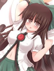 Rule 34 | 1girl, black wings, blush, bow, breasts, brown eyes, brown hair, cape, covered erect nipples, dress, hair bow, large breasts, long hair, midriff, navel, open mouth, reiuji utsuho, ry (yagoyago), solo, third eye, touhou, wings