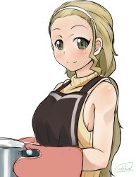 Rule 34 | 10s, 1girl, apron, bad id, bad pixiv id, blonde hair, girls und panzer, green eyes, hair slicked back, hairband, long hair, oven mitts, pot, sasaki akebi, simple background, smile, solo, solokov (okb-999), sweater vest