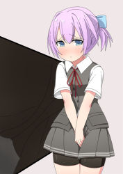 Rule 34 | 1girl, between legs, blue bow, blue eyes, blush, bow, embarrassed, female focus, grey background, grey skirt, grey vest, hair bow, hair ornament, hand between legs, have to pee, kantai collection, looking to the side, minamimachi naname, multiple views, own hands together, ponytail, purple hair, red ribbon, ribbon, shiranui (kancolle), shirt, short hair, short ponytail, short sleeves, simple background, skirt, standing, upskirt, v arms, vest, white shirt