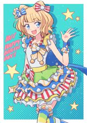 Rule 34 | 1girl, :d, absurdres, blonde hair, blue background, blue bow, blue eyes, blunt bangs, bow, cbgb, cone hair bun, cowboy shot, double bun, dress, drop shadow, hair bow, hair bun, hand up, happy birthday, highres, idol clothes, jewelry, looking at viewer, minami mirei, multicolored clothes, multicolored dress, necklace, open hand, open mouth, outside border, pretty series, pripara, red bow, short hair, smile, solo, star (symbol), striped clothes, striped thighhighs, thighhighs, third-party source