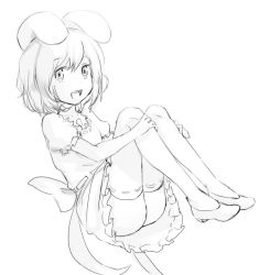 Rule 34 | 1girl, animal ears, bow, female focus, greyscale, inaba tewi, knees together feet apart, magister, monochrome, open mouth, rabbit ears, short hair, solo, thighhighs, touhou