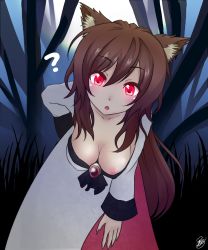 Rule 34 | 1girl, ?, animal ears, artist request, blush, breasts, brown hair, clueless, downblouse, dress, forest, glowing, glowing eyes, imaizumi kagerou, jewelry, leaning forward, long hair, looking at viewer, medium breasts, moon, moonlight, nature, night, nipple slip, nipples, no bra, open mouth, pendant, red eyes, red skirt, skirt, standing, touhou, very long hair, wardrobe malfunction, white dress, wolf ears