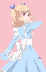 Rule 34 | 1girl, blonde hair, blue dress, dated, dress, iijima yun, long sleeves, looking at viewer, new game!, open mouth, pink background, standing, two side up, ue ryouten no kawazoe-sensei