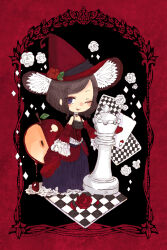 Rule 34 | 1girl, ace (playing card), ace of hearts, apple, blue eyes, border, card, cerika, chess piece, chessboard, detached sleeves, dot nose, dress, eyelashes, flower, food, fruit, hat, hat flower, heart, highres, long dress, looking at viewer, one eye closed, original, playing card, queen (chess), red apple, red border, red hat, rose, short hair, sleeves past fingers, sleeves past wrists, solo, white flower, white rose, witch hat