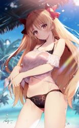 Rule 34 | 1girl, bikini, bikini day, black bikini, blonde hair, blurry, blush, closed mouth, commentary request, cowboy shot, day, depth of field, earrings, ereshkigal (fate), fate/grand order, fate (series), front-tie top, hair ribbon, halterneck, highres, jewelry, lens flare, long hair, looking at viewer, navel, necomi, off-shoulder shirt, off shoulder, outdoors, red eyes, red ribbon, ribbon, see-through, shirt, sidelocks, signature, smile, solo, standing, stomach, sunlight, swimsuit, thighs, two side up, very long hair, water, wet, wet clothes, wet shirt, white shirt
