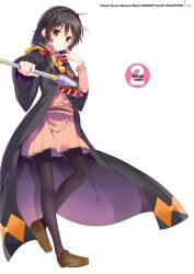 Rule 34 | 10s, 1girl, artist name, black jacket, black pantyhose, blush, bow, braid, brown footwear, buttons, closed mouth, crown braid, crystal, finger to mouth, full body, hair bow, highres, holding, holding wand, jacket, kono subarashii sekai ni shukufuku wo!, loafers, long sleeves, looking at viewer, low twintails, mishima kurone, necktie, outstretched arm, page number, pantyhose, pink skirt, pleated skirt, red bow, red eyes, scan, shoes, simple background, skirt, smile, solo, standing, striped necktie, striped neckwear, tareme, twintails, wand, white background, wide sleeves, yunyun (konosuba)
