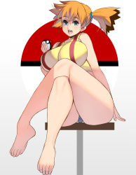 Rule 34 | absurdres, alternate breast size, aqua eyes, asymmetrical hair, bare arms, bare legs, bare shoulders, blue eyes, blush, breasts, creatures (company), crossed legs, curvy, game freak, hair between eyes, highres, holding, holding poke ball, huge breasts, kouno (masao), large breasts, legs, looking at viewer, misty (pokemon), nintendo, open mouth, orange hair, poke ball, pokemon, pokemon (anime), pokemon (classic anime), ponytail, shiny skin, shirt, short hair, short ponytail, side ponytail, simple background, sleeveless, sleeveless shirt, smile, solo, suspenders, tank top, thick thighs, thighs, wide hips, yellow shirt