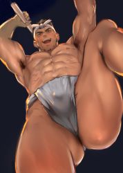 Rule 34 | 1boy, :d, abs, arm up, armpit hair, armpits, backlighting, bara, brown hair, bulge, facial hair, foreshortening, from below, fundoshi, gluteal fold, hachimaki, headband, highres, holding, holding stick, japanese clothes, legs apart, looking at viewer, looking down, male focus, male pubic hair, muscular, muscular male, navel, nejiri hachimaki, nipples, open mouth, original, pectorals, pubic hair, pubic hair peek, short hair, smile, solo, standing, stick, stubble, taiko sticks, tofu (tofulabo), underwear, underwear only