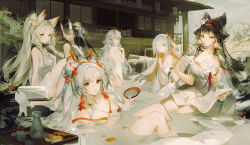 Rule 34 | 6+girls, absurdres, animal ears, architecture, black hair, braid, breasts, character request, cleavage, closed eyes, covering privates, cup, east asian architecture, eyepatch, grey hair, highres, horns, long hair, multiple girls, nude cover, onmyoji, onsen, open mouth, outdoors, pointy ears, red eyes, ruoganzhao, sakazuki, smile, tagme, tokkuri, winter