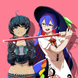 Rule 34 | 2girls, ahoge, belt, black gloves, black hair, black headwear, black jacket, black survival, blue eyes, blue hair, blue pants, blue skirt, blush, bow, bowtie, breasts, brown belt, buttons, center frills, colored inner hair, cowboy shot, crossover, earrings, frills, gloves, grin, groin, hat, highres, hinanawi tenshi, jacket, jewelry, kurodani yamame, leaf hat, leather, leather jacket, long hair, looking at another, midriff, multicolored hair, multiple girls, navel, open mouth, pants, pink background, rainbow order, red bow, red bowtie, red eyes, red hair, rinyamame, shirt, short hair, short sleeves, silvia piquet, simple background, skirt, small breasts, smile, stud earrings, sword of hisou, touhou, very long hair, white shirt