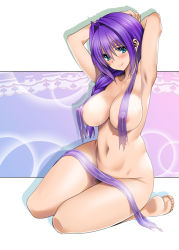 Rule 34 | 1girl, armpits, arms behind head, arms up, barefoot, blue eyes, blush, braid, breasts, closed mouth, covered erect nipples, female pubic hair, hair between eyes, hair intakes, hair over shoulder, highres, kanon, large breasts, looking at viewer, mature female, minase akiko, mitarashi kousei, navel, nipples, nude, outside border, pubic hair, purple hair, ribbon, see-through, simple background, sitting, smile, solo, white background