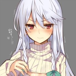 Rule 34 | 1girl, bad id, bad twitter id, blush, braid, cleavage cutout, clothing cutout, female focus, flat chest, grey background, hair over shoulder, long hair, looking at viewer, meme attire, mishima kurone, open-chest sweater, original, portrait, red eyes, ribbed sweater, side braid, silver hair, solo, sweatdrop, sweater, tierra azur, trembling, tsurime, turtleneck, twin braids