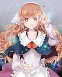 Rule 34 | 1girl, apron, arm up, bow, brown eyes, brown hair, capelet, collarbone, dress, earrings, eyebrows, frilled shirt collar, frills, gem, glowing, highres, holding, jewelry, kuroi nyan, long hair, long sleeves, looking at viewer, original, ribbon, smile, solo, waist apron, white bow