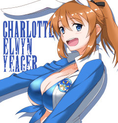 Rule 34 | 1girl, alternate hairstyle, animal ears, blue eyes, breasts, charlotte e. yeager, cleavage, crop top, front-tie top, hair ribbon, highres, hiroshi (hunter-of-kct), large breasts, looking at viewer, open mouth, orange hair, ponytail, rabbit ears, rabbit girl, ribbon, solo, strike witches, world witches series