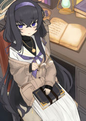 1girl absurdres bags_under_eyes black_hair blue_archive blue_eyes blue_hairband blue_neckerchief blush book cardigan chair commentary gyamu_(chewing-gum) hair_between_eyes hairband halo highres holding holding_removed_eyewear jewelry lantern long_hair long_sleeves looking_at_viewer neckerchief necklace parted_lips round_eyewear sailor_collar school_uniform serafuku sitting skirt solo ui_(blue_archive) unworn_eyewear white_skirt