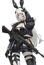 Rule 34 | 1girl, :/, animal ears, assault rifle, black gloves, black leotard, black shorts, breasts, cleavage, closed mouth, collarbone, commentary, fake animal ears, gager (girls&#039; frontline), girls&#039; frontline, gloves, grey pantyhose, gun, hand on own head, headgear, highres, holster, holstered, knife sheath, knife sheath, large breasts, leotard, long hair, looking at viewer, micro shorts, mutugorou u, pantyhose, playboy bunny, rabbit ears, rifle, sangvis ferri, sheath, shorts, simple background, tactical clothes, tactical playboy bunny, thigh holster, very long hair, weapon, weapon request, white background, white hair, yellow eyes