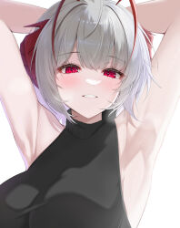 Rule 34 | 1girl, absurdres, ahoge, antennae, arknights, armpits, arms behind head, arms up, blush, breasts, dinosaurus (azimangasaurus), grey hair, highres, horns, large breasts, looking at viewer, medium hair, parted lips, red eyes, simple background, sleeveless, sleeveless turtleneck, solo, sweat, turtleneck, upper body, w (arknights), white background