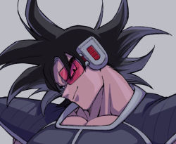 Rule 34 | 1boy, armor, bad id, bad pixiv id, bara, black hair, breastplate, dragon ball, dragon ball (classic), evil smile, head tilt, looking at viewer, male focus, mature male, muscular, muscular male, pectoral cleavage, pectorals, portrait, saiyan armor, scouter, short hair, smile, solo, spiked hair, torawar, tullece