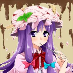 Rule 34 | 1girl, blush, bow, food, food on head, hair bow, hair ribbon, hat, ice cream, ifuji sakura, long hair, looking at viewer, mint, mint leaves, mouth hold, object on head, patchouli knowledge, purple eyes, purple hair, ribbon, sidelocks, solo, spoon, touhou, tress ribbon, upper body, utensil in mouth, wafer stick, wing collar