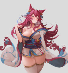 Rule 34 | 1girl, :o, ahri (league of legends), animal ears, arm at side, bare shoulders, bell, blue bow, blush, bow, breasts, cleavage, collarbone, cowboy shot, facial mark, fox ears, fox tail, grey background, grey thighhighs, hair bell, hair bow, hair ornament, hand up, highres, japanese clothes, kimono, large breasts, league of legends, long hair, looking at viewer, lu ka, off shoulder, panties, red hair, short kimono, simple background, skindentation, solo, spirit blossom (league of legends), spirit blossom ahri, sweat, tail, thighhighs, underwear, whisker markings, white panties