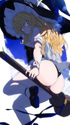 Rule 34 | 1girl, ass, ass focus, ass support, black hat, blonde hair, blush, braid, breasts, broom, broom riding, foreshortening, from behind, from below, from side, hair between eyes, hat, highres, huge ass, kashu (hizake), kirisame marisa, long hair, looking at viewer, medium breasts, nervous smile, panties, shiny clothes, shiny skin, sideboob, smile, solo, thighhighs, thighs, touhou, twin braids, underwear, very long hair, witch, yellow eyes